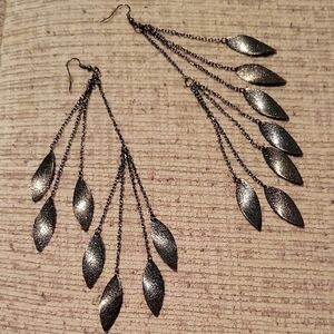 Elegant Silver Grey Black Lenier Leaf Chain Drop Dangle Earrings Vintage